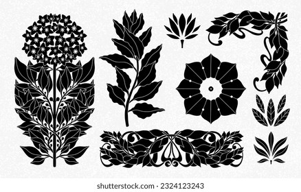 Floral bay leaf in art nouveau 1920-1930. Hand drawn in a linear art nouveau style with weaves of lines, leaves and flowers. Vector illustration.