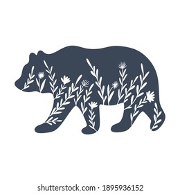 Floral bear silhouette vector illustration. Inverted monochrome design for prints, shirts, posters.