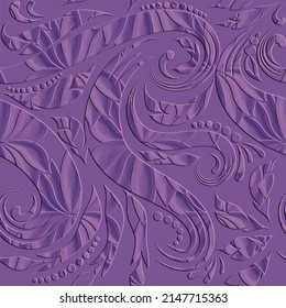 Floral beautiful 3d seamless pattern. Violet embossed vector background. Relief emboss flowers, swirls, circles. Repeat backdrop. Ethnic 3d Paisley flowers ornament. Surface endless embossing texture.