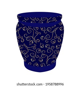 Floral beautiful dark blue pot with delicate gold pattern. Vector illustration