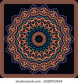 Floral beautiful mandala pattern with greek key, meander square frame, border. Vector ornamental colorful arabesque ethnic style modern background with vintage swirls flowers. Ornate texture.