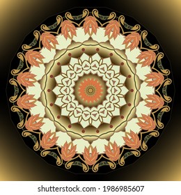 Floral hermoso patrón de mandala redonda. Colorido fondo de resplandor ornamental. Fondo decorativo vectorial. Ornamentos arabescos de superficie dorada. Rosette. Placa. Flores, hojas, marcos, líneas antiguas.