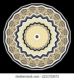 Floral hermoso patrón de mandala redonda. Tradicional fondo vectorial de estilo étnico tribal. Ornamento de los serpenteantes de la clave griega. Resumen de flores de zigzag coloridas, cuadros. Diseño ornamental sobre fondo negro.