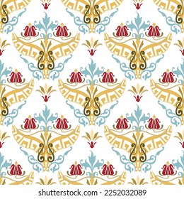 Floral beautiful seamless pattern. Vector ornamental Damask background. Repeat vintage flowers backdrop. Colorful ornaments in antique Baroque style. Ornate isolated design on white background.
