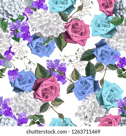 Floral beautiful seamless pattern-roses and hydrangea flower - vector illustration