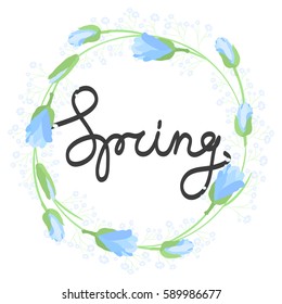 Floral beautiful spring flower circle wreath with lettering vector illustration