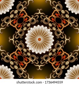 Floral beautiful vector seamless pattern. Ornamental glowing 3d background. Surface texture. Repeat flourish backdrop. Modern decorative flowery ornaments. Vintage flowers, leaves. Shiny design.