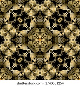 Floral beautiful vector seamless pattern. Ornamental 3d background. Surface texture. Repeat flourish backdrop. Baroque Damask style decorative flowery ornament. Vintage flowers, leaves. Shiny design.