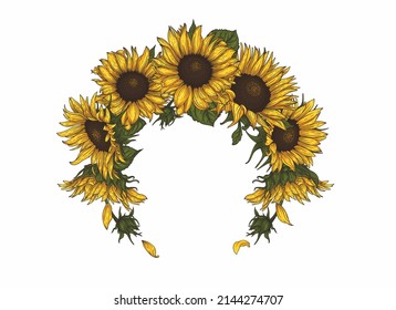 Floral beautiful wreath for the head of sunflowers. Bright accent for Ukrainian woman national clothes, yellow flowers and green leaves vector illustration for t-shirts or banners great solution