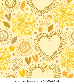 Floral beauty seamless pattern. Digital yellow backdrop with hearts and flowers. Fabric decorative lace texture