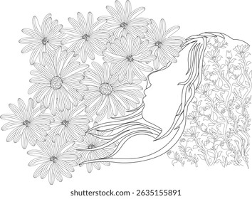 Floral Beauty Woman Silhouette Line Art, Black and white line drawing featuring a woman's profile silhouette with long, flowing hair intertwined with detailed floral patterns including large