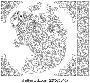 castor floral. Página del libro de colorear para adultos con elementos de flor y animal de fantasía