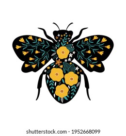 Floral Bee. Bee with flowers. Vector illustration. Good for posters, t shirts, postcards.