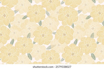 Floral beige hand-drawn pattern. Delicate beige flowers on a light background. Beautiful Print For printing on fabric, paper, wallpaper, postcards, print for clothes, Seamless background for surfaces.