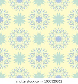 Floral beige seamless pattern. Beige background with light blue and green flower designs for wallpapers, textile and fabrics