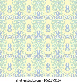 Floral beige seamless pattern. Beige background with light blue and green flower designs for wallpapers, textile and fabrics