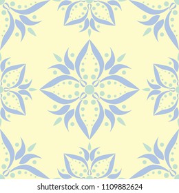 Floral beige seamless pattern. Beige background with light blue and green flower designs for wallpapers, textile and fabrics