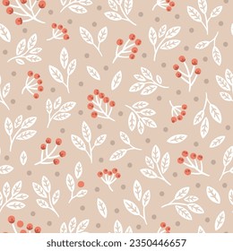 Floral beige seamless pattern, winter leaves fabric pattern. Elegant nature background