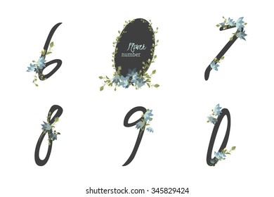 Floral bellflower collection numbers in vintage color. Six, seven, eight, nine, zero- signs vector