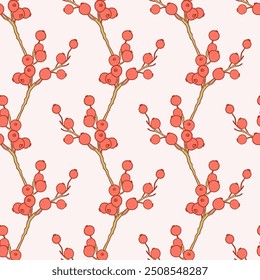 Floral Berries Mão Desenhado Branches Botânica Sem Costura Padrão Cereja Fundo. Ilustração de vetor de estilo antigo