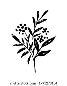 Floral berry bouquet with branches and leaves. Black silhouette on a white background. Hand-drawn vector drawing. Autumn-summer season.