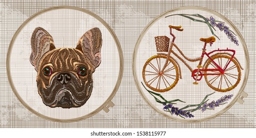 Floral bicycle and  head bulldog. Embroidery collection. Template tambour frame with a canvas, elements from stitches. Art for clothes  