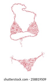 Floral bikini. Illustration with linear floral elements and patterns for your design isolated on white background. 