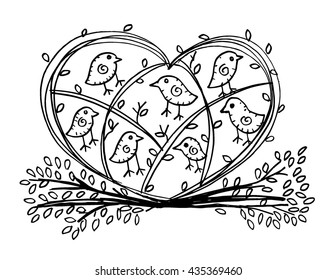 Floral bird doodle frame in the shape of heart. 