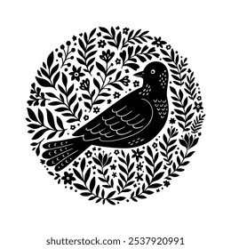 Floral Bird Folk Art Logo Design. Organic Linocut Print with Bird and Leaves. Vector Illustration Isolated on Background. Lino Print of Round Composition Floral Silhouette. Hand Drawn Minimalist Stamp