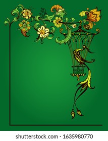 Floral and bird hand drawn vector vintage illustration. Engraved nature elements and objects frame. fairy tale border.