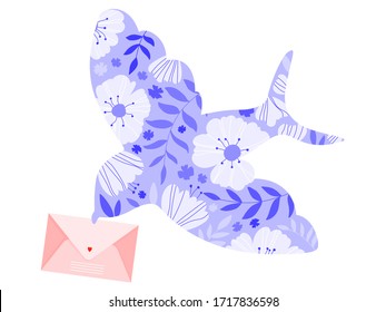 Floral Bird Holding Envelope. Beautiful Purple Bird Silhouette Full Of Flowers. Air Mail And Valentine's Day. Bird Delivering Love Letter. Flying Bird With Wide Open Wings. Isolated Illustration. 