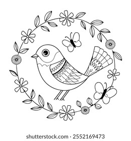 A Floral bird line art mandala on white background