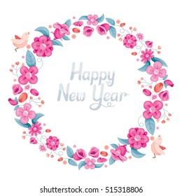 Floral With Bird On Circle Frame Decoration, Flower, Blossom, Happy New Year, Merry Christmas, Xmas, Animals, Festive, Celebrations
