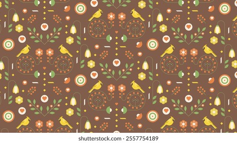 Floral Bird pattern design featuring flowers, leaves, birds, hearts, and more. Vector illustration.