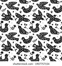 Floral bird seamless pattern. Minimal hand drawn folk style. Vector doodle texture with   flying birds and flower branches. Good for cosmetics, beauty, tattoo, Spa, social media. Black on white