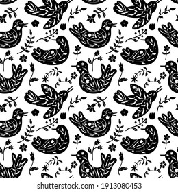 Patrón de aves florales sin fisuras. Estilo folclórico mínimo dibujado a mano. Textura de doodle vectorial con   aves voladoras y ramas florales. Bien por cosméticos, belleza, tatuajes, Spa, medios sociales. Negro sobre blanco