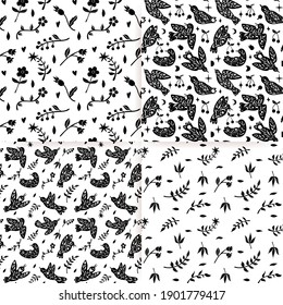 Floral bird seamless patterns set. Minimal hand drawn folk style. Vector doodle textures with flying birds and flower branches. Good for cosmetics, beauty, tattoo, Spa, social media. Black on white