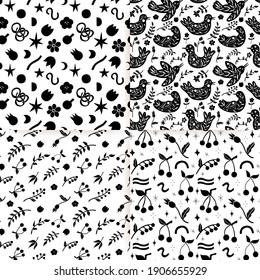 Floral bird seamless patterns set. Minimal hand drawn folk style. Vector doodle textures with flying birds and flower branches. Good for cosmetics, beauty, tattoo, Spa, social media. Black on white