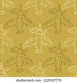 Floral Bird Seamless Vector Pattern. Boho Folk Flower, Peace Dove Flying Birdies. Hand Drawn Style Summer Illustration for Pretty Feminine Fashion Print, Garden Packaging. All Over Ecru Mustard Yellow