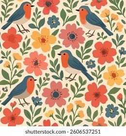 Floral Bird Spring Print Design in Vector