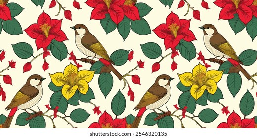 Floral Birds Patterns in Pattern Vector Repeat with Seamless Leaf and Flower Motifs for Gift Wraps, Textiles, Wallpaper, and Wrapping.
