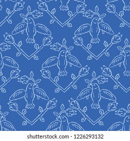 Floral Birds Seamless Vector Pattern. Boho Folk Flower, Peace Dove Flying Birdies. Hand Drawn Quilt Style Summer Illustration for Pretty Feminine Fashion Prints, Garden Packaging. All Over White Blue