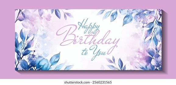 Floral Birthday card with herbal twigs and branches frame corners. Vector design. Rustic vintage bouquets with fern tree leaves, twigs, willow branches in teal blue and pink purple.