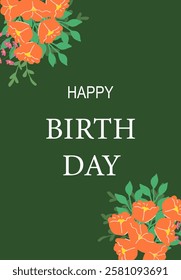 Floral birthday card with orange blossoms on green background.