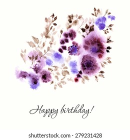 Floral birthday card. Wedding invitation. Watercolor illustration with lilac flowers.