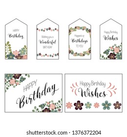 Floral birthday greeting cards and tags, vector graphic set