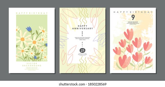 Floral birthday, mothers day or anniversary cards templates. Spring flowers cover backgrounds collection. Vector document layouts with plants, leaves and flowers.