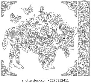 Floral bison. Adult coloring book page with fantasy animal and flower elements