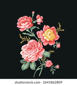 Floral black background, vintage flower border illustration. Roses flower aesthetic border background. Vintage rose flowers desktop background. Vintage floral border botanical backdrop.
