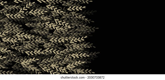 Floral black banner with drawn grey exotic leaves. Nature concept design. Modern floral compositions with summer branches. Vector illustration on the theme of ecology, natura, environment.